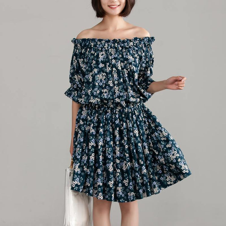 Elegant pure cotton dresses plus size Cotton Off Shoulder Floral Navy Blue Dress - Omychic