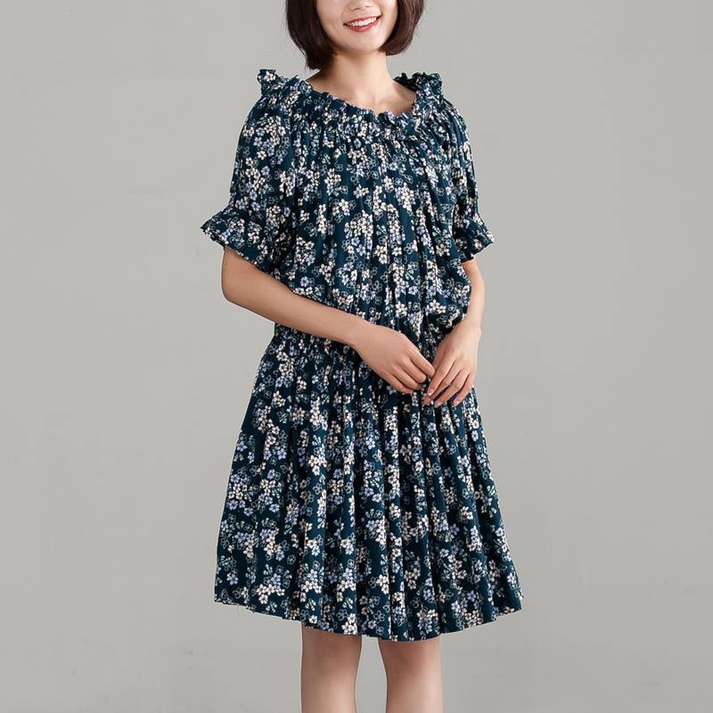 Elegant pure cotton dresses plus size Cotton Off Shoulder Floral Navy Blue Dress - Omychic