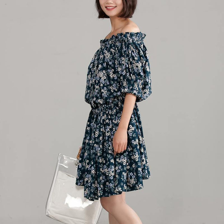 Elegant pure cotton dresses plus size Cotton Off Shoulder Floral Navy Blue Dress - Omychic