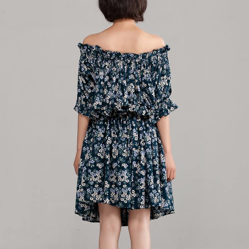 Elegant pure cotton dresses plus size Cotton Off Shoulder Floral Navy Blue Dress - Omychic
