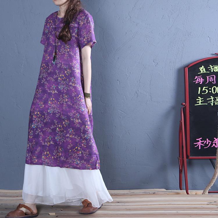 Elegant purple floral linen clothes o neck Vestidos De Lino summer Dress - Omychic
