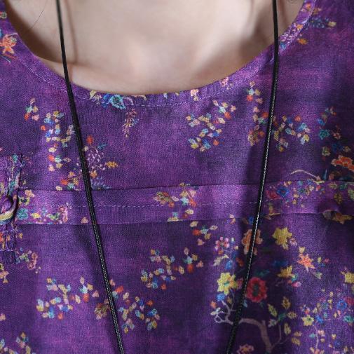 Elegant purple floral linen clothes o neck Vestidos De Lino summer Dress - Omychic