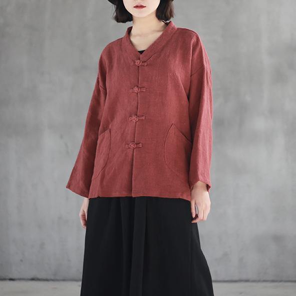 Elegant red linen top plus size clothing linen clothing blouses Elegant big pockets Chinese Button linen shirt - Omychic
