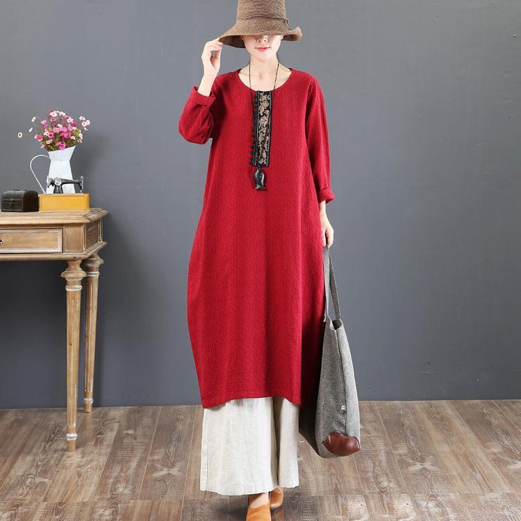 Elegant red cotton caftans oversize embroidery fall dresses boutique o neck kaftans - Omychic