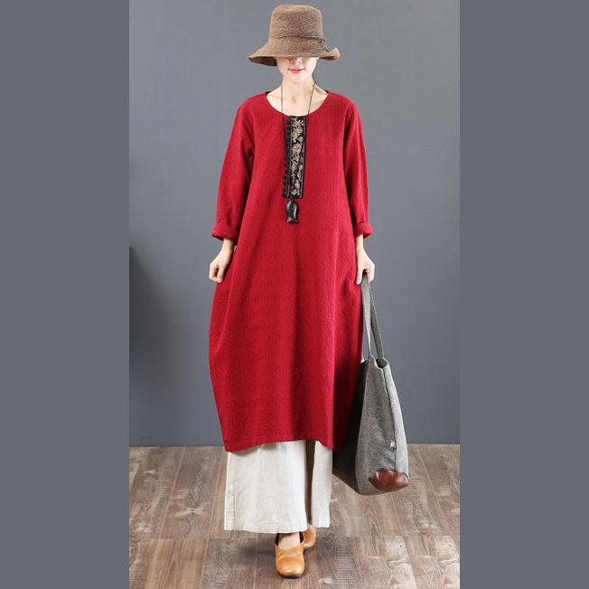 Elegant red cotton caftans oversize embroidery fall dresses boutique o neck kaftans - Omychic