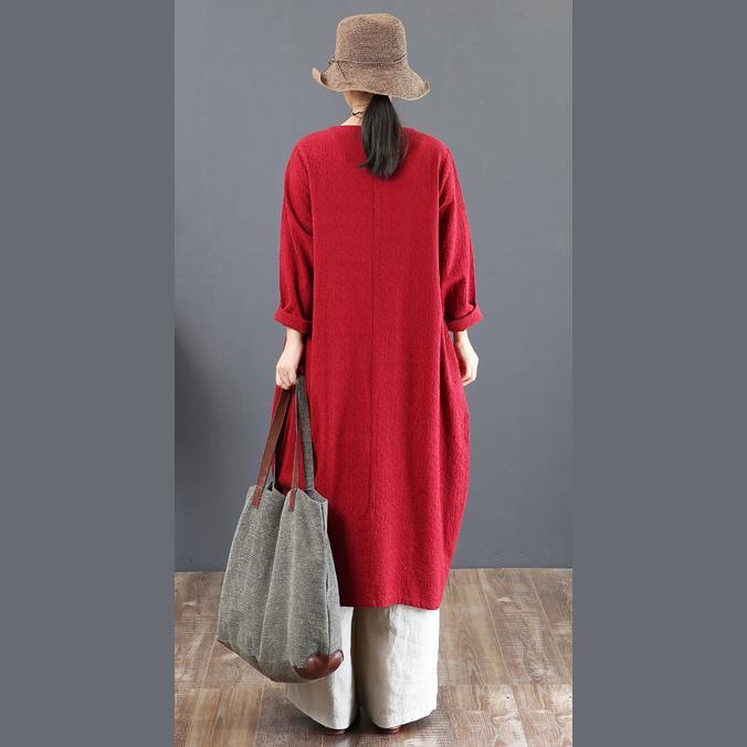 Elegant red cotton caftans oversize embroidery fall dresses boutique o neck kaftans - Omychic