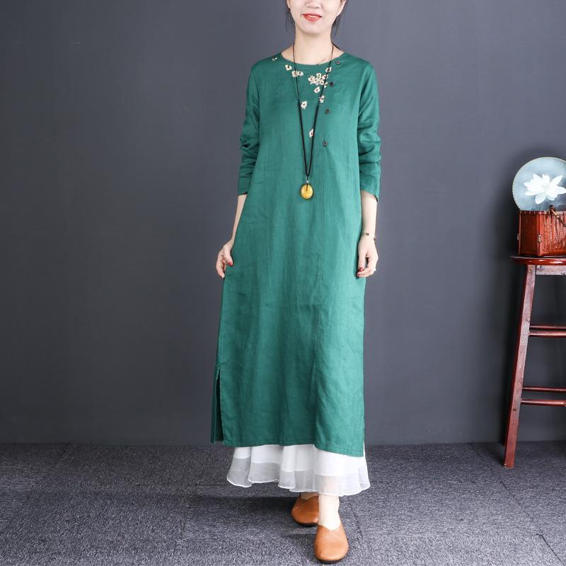 Elegant red linen clothes Fitted Neckline o neck embroidery Traveling Dresses - Omychic
