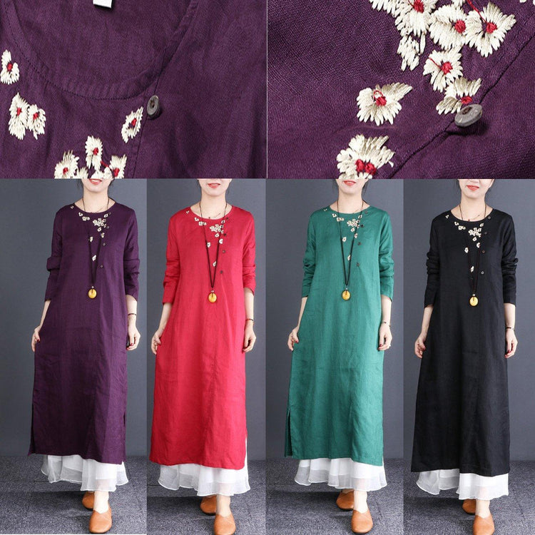 Elegant red linen clothes Fitted Neckline o neck embroidery Traveling Dresses - Omychic