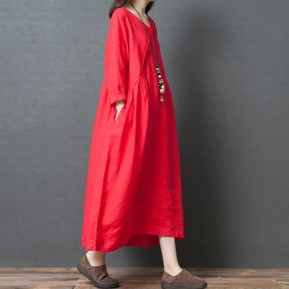 Elegant red linen dresses plus size Work Outfits v neck pockets Maxi Dresses - Omychic