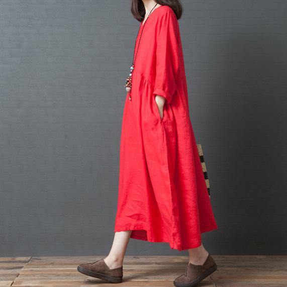 Elegant red linen dresses plus size Work Outfits v neck pockets Maxi Dresses - Omychic
