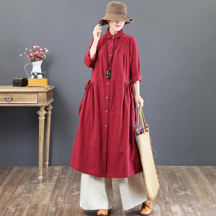 Elegant red linen dresses plus size clothing lapel collar linen gown 2018 waist drawstring caftans - Omychic