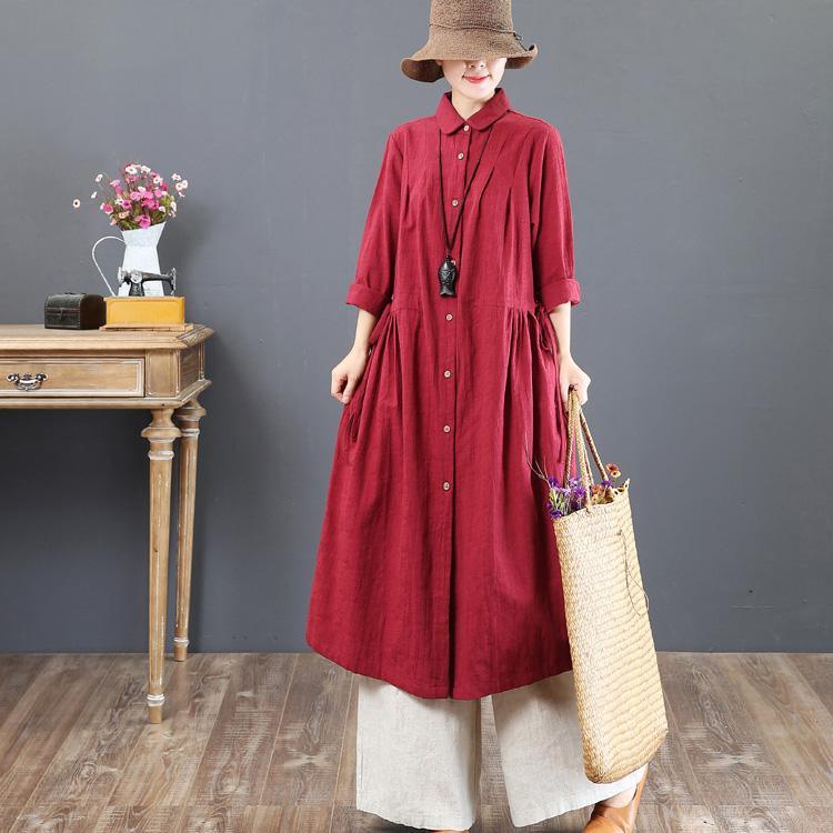 Elegant red linen dresses plus size clothing lapel collar linen gown 2018 waist drawstring caftans - Omychic