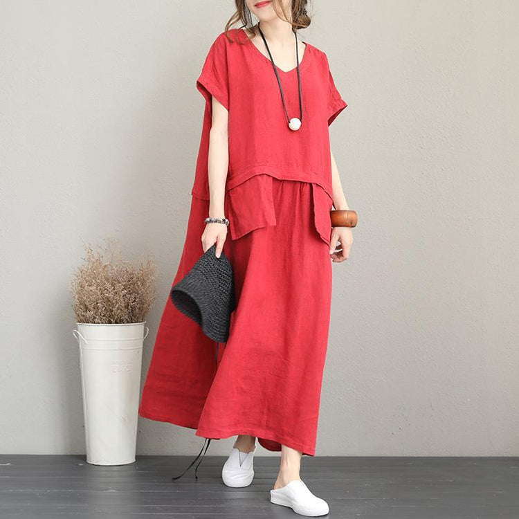 Elegant red linen oversized v neck short sleeve casual pockets baggy dresses maxi dresses - Omychic