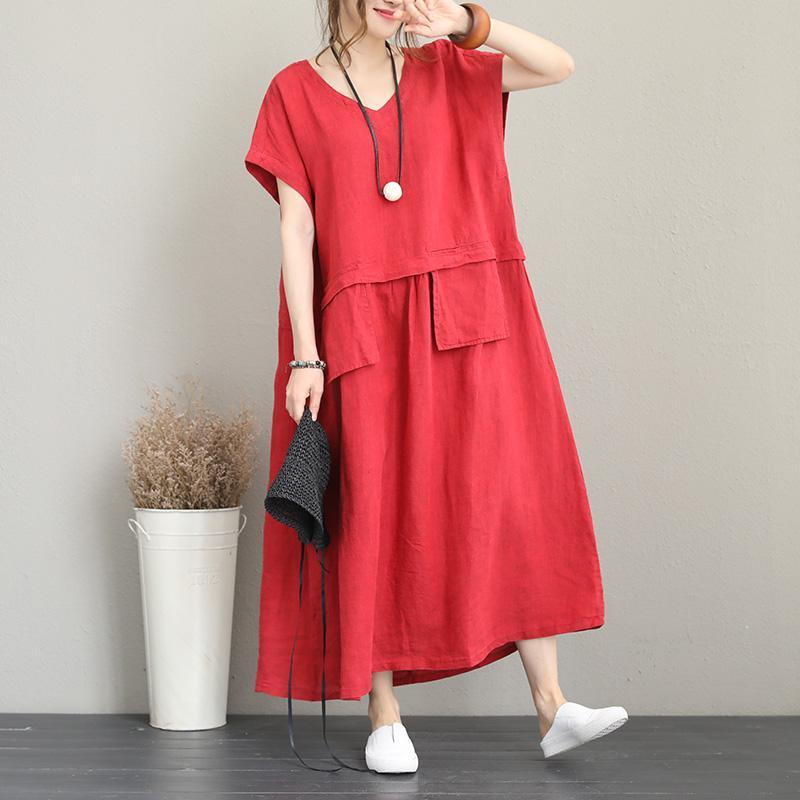 Elegant red linen oversized v neck short sleeve casual pockets baggy dresses maxi dresses - Omychic