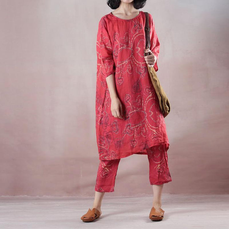 Elegant red linen print oversize o neck linen top quality half sleeve tops and elastic waist trouser two pieces - Omychic