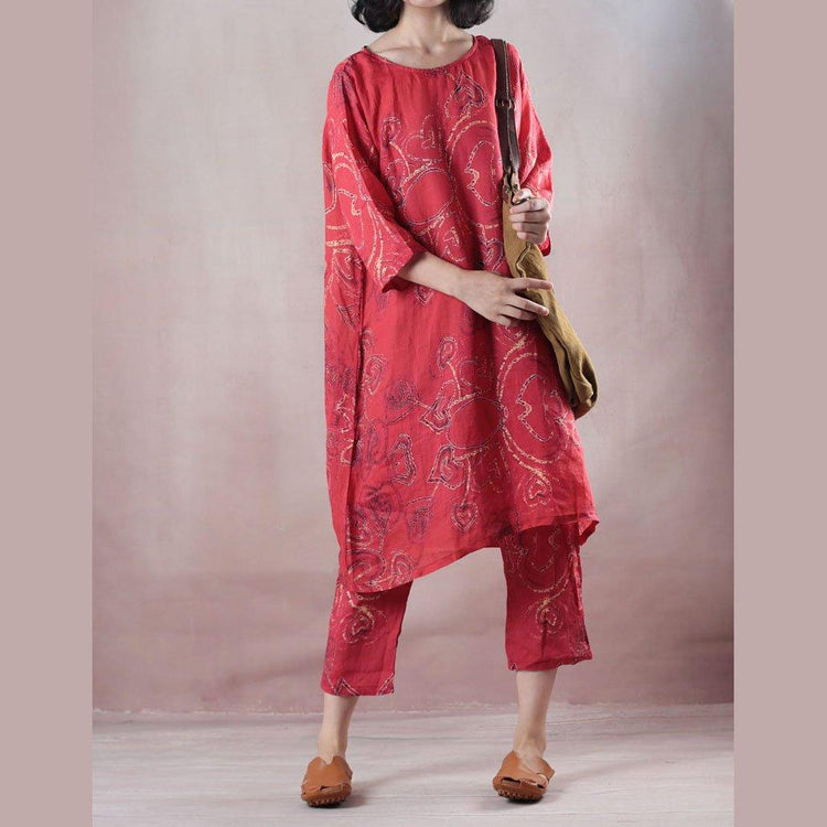 Elegant red linen print oversize o neck linen top quality half sleeve tops and elastic waist trouser two pieces - Omychic