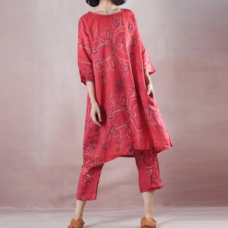 Elegant red linen print oversize o neck linen top quality half sleeve tops and elastic waist trouser two pieces - Omychic