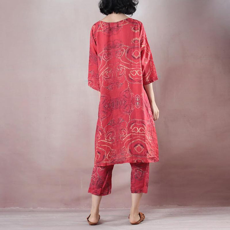 Elegant red linen print oversize o neck linen top quality half sleeve tops and elastic waist trouser two pieces - Omychic