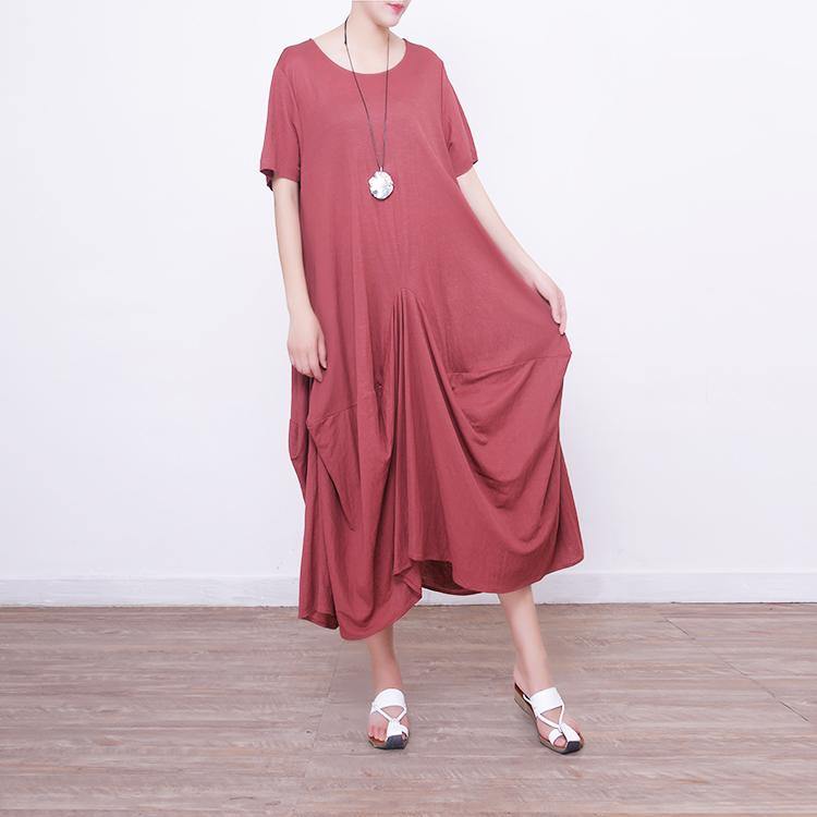 Elegant red natural linen dress  casual short sleeve linen gown boutique asymmetric kaftans - Omychic