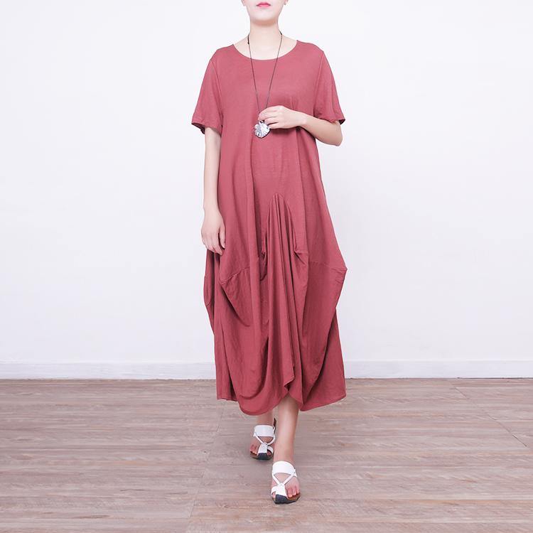 Elegant red natural linen dress  casual short sleeve linen gown boutique asymmetric kaftans - Omychic