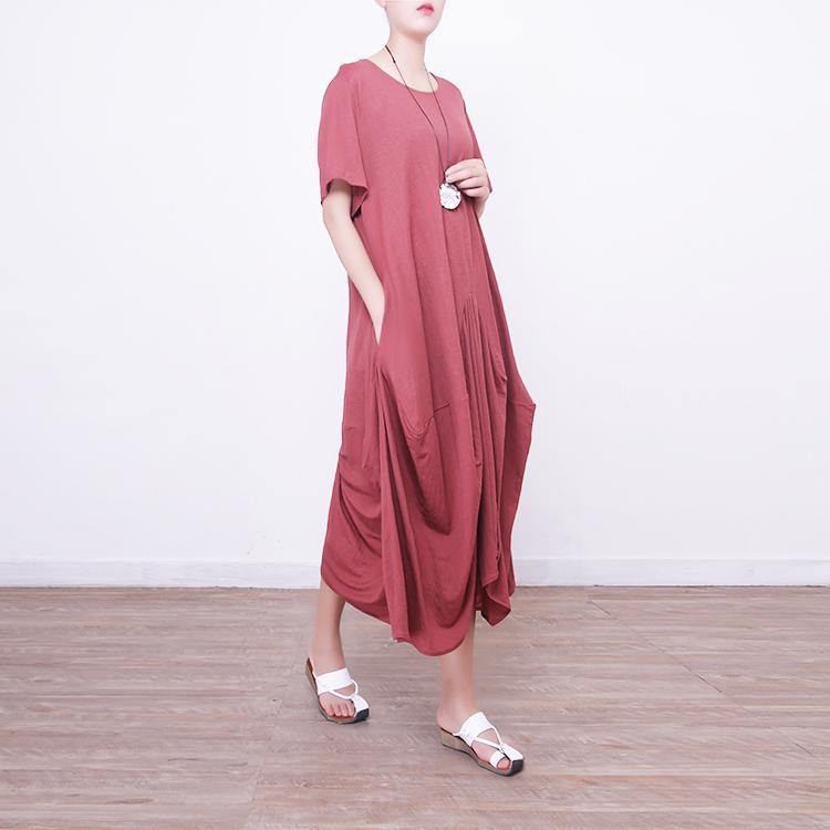 Elegant red natural linen dress  casual short sleeve linen gown boutique asymmetric kaftans - Omychic