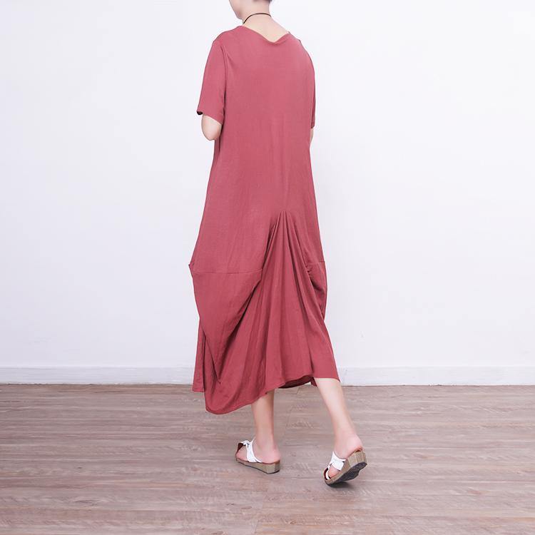 Elegant red natural linen dress  casual short sleeve linen gown boutique asymmetric kaftans - Omychic
