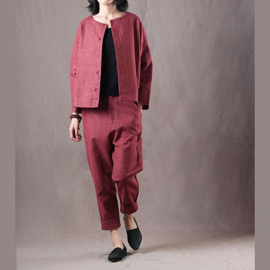 Elegant red natural linen t shirt oversize two pieces vintage linen casual pants t shirt - Omychic