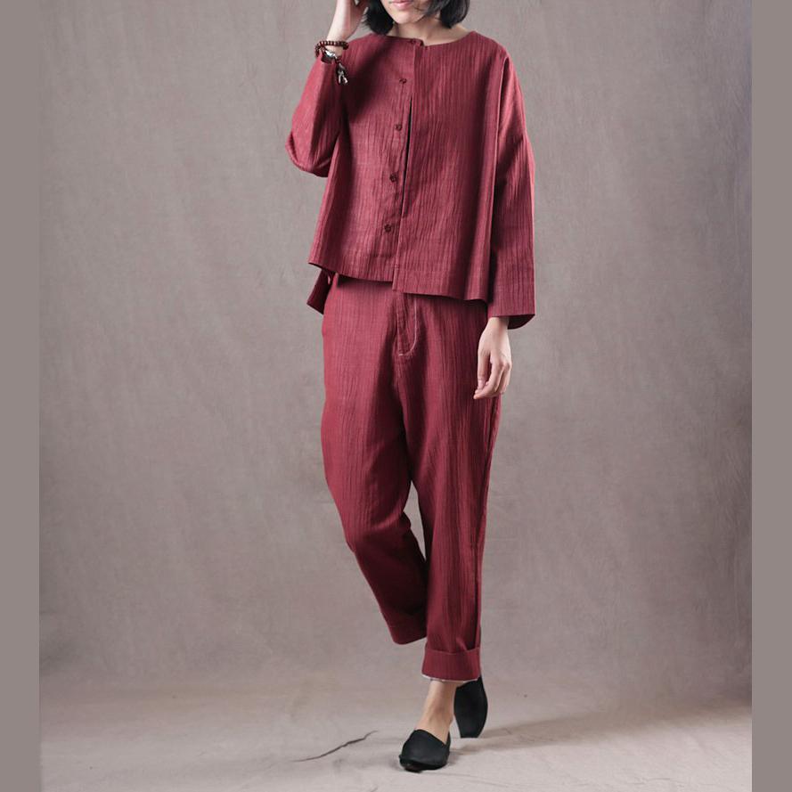 Elegant red natural linen t shirt oversize two pieces vintage linen casual pants t shirt - Omychic