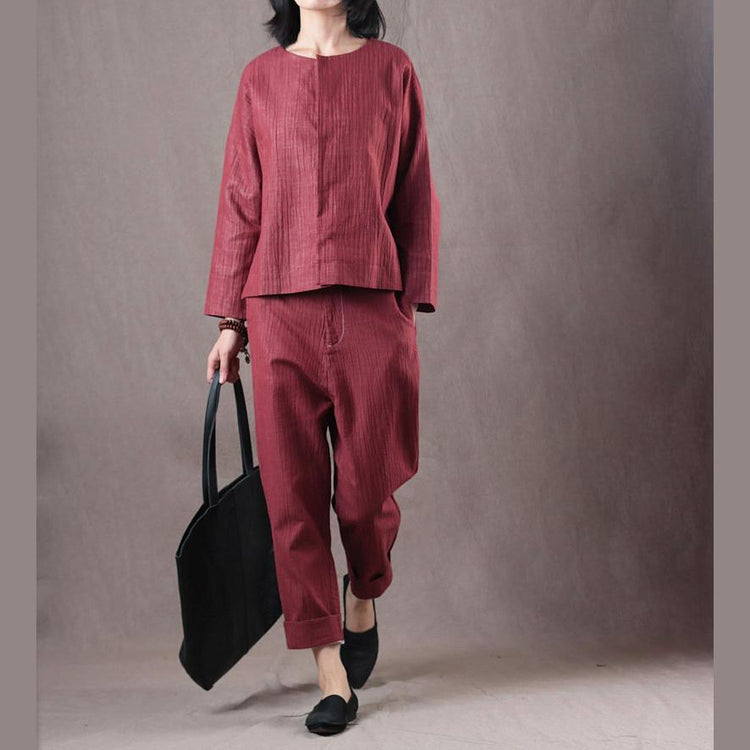 Elegant red natural linen t shirt oversize two pieces vintage linen casual pants t shirt - Omychic