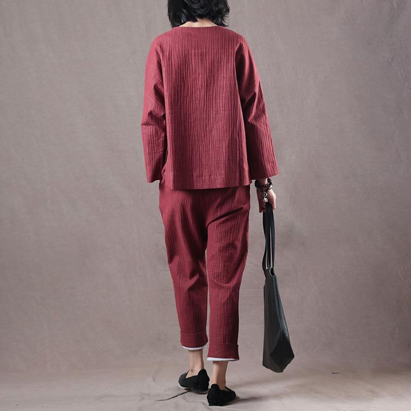 Elegant red natural linen t shirt oversize two pieces vintage linen casual pants t shirt - Omychic