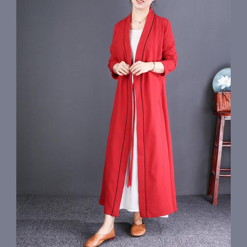 Elegant red oversize neck tie waist maxi coat - Omychic