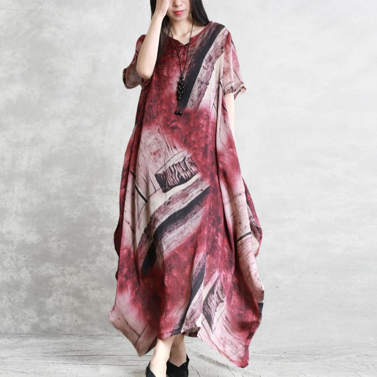 Elegant red print clothes For Women Omychic v neck asymmetric Maxi Summer Dresses - Omychic