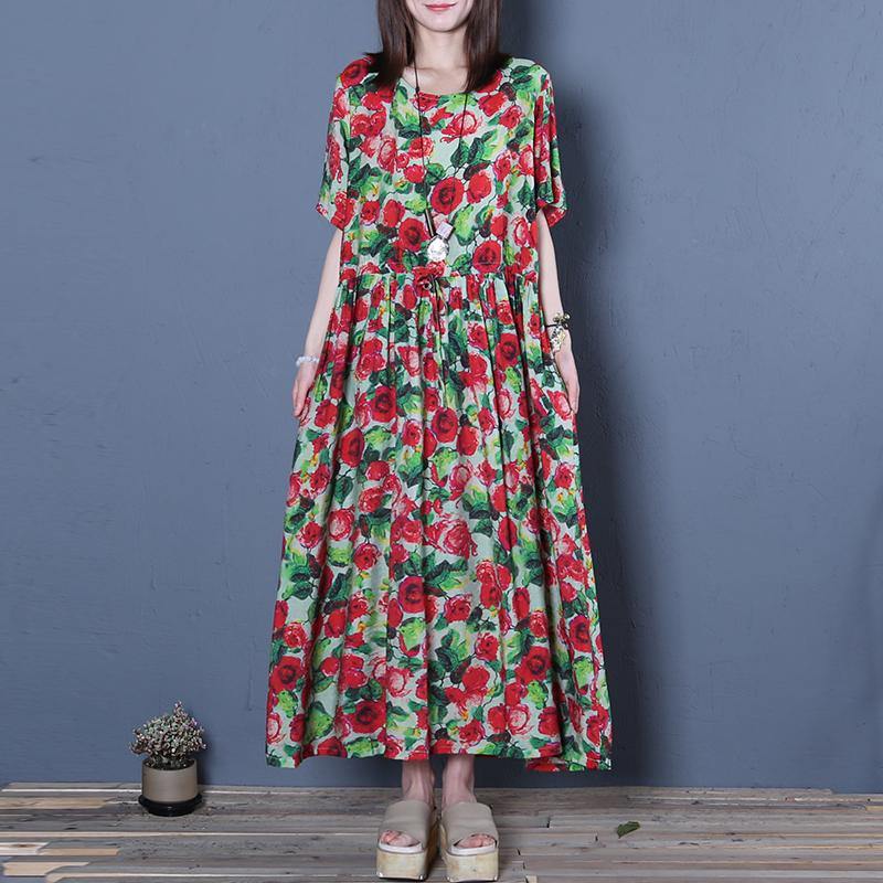 Elegant red print cotton clothes Women o neck large hem Maxi summer Dress - Omychic