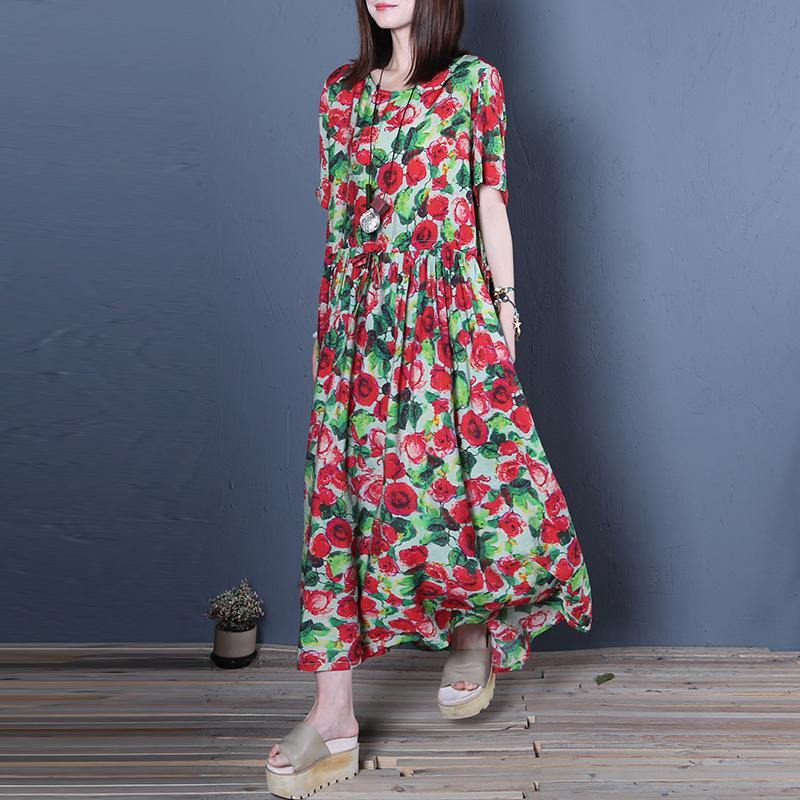 Elegant red print cotton clothes Women o neck large hem Maxi summer Dress - Omychic