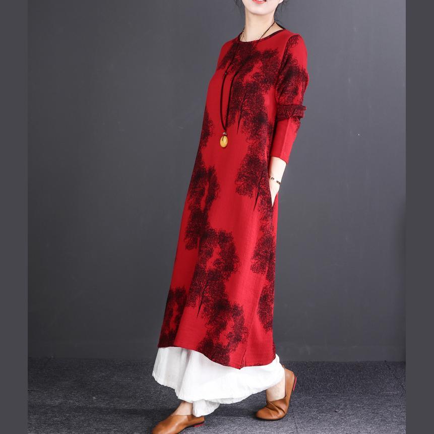 Elegant Red Print Chiffon Caftans Oversize O Neck Baggy Dresses Chiffon Gown Top Quality Long Sleeve Pockets Chiffon Dresses - Omychic