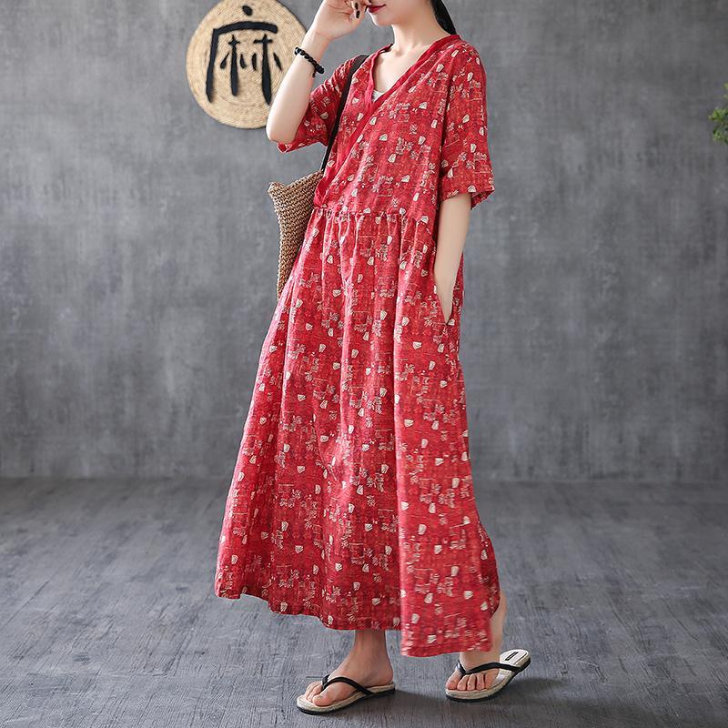 Elegant red print linen Wardrobes v neck patchwork Plus Size Dress - Omychic