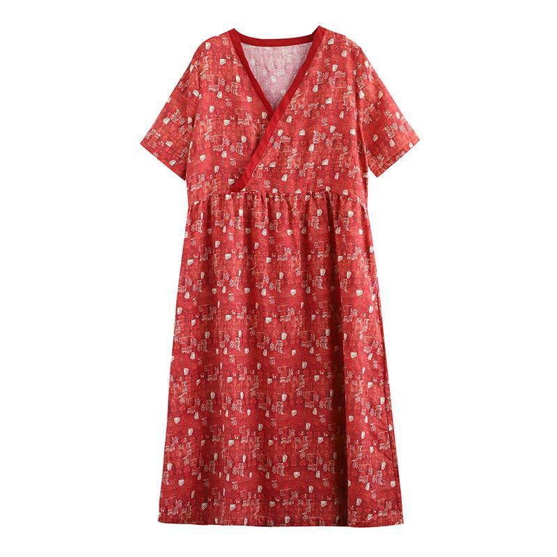 Elegant red print linen Wardrobes v neck patchwork Plus Size Dress - Omychic