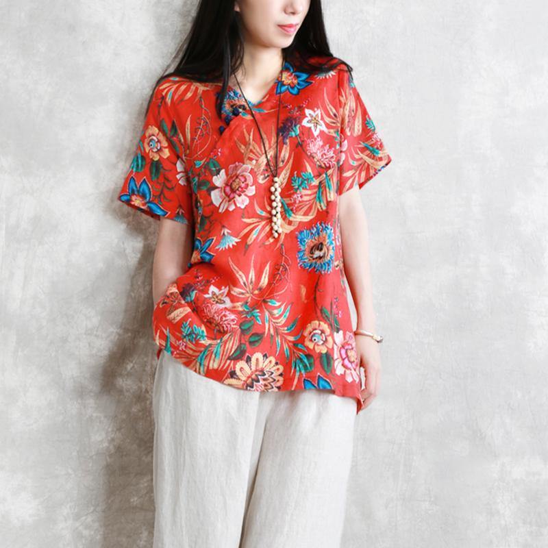 Elegant red pure linen tops Loose fitting traveling clothing New short sleeve prints linen clothing tops - Omychic