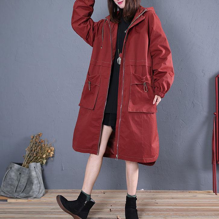 Elegant red side open Coat Women Loose fitting long jackets fall hooded - Omychic