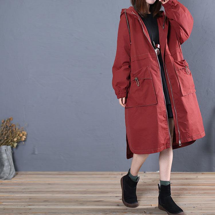 Elegant red side open Coat Women Loose fitting long jackets fall hooded - Omychic