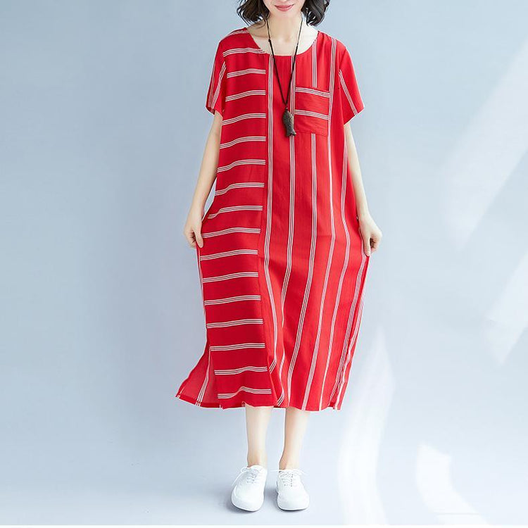 Elegant red striped long silk blended dresses plus size O neck baggy dresses traveling clothing Elegant short sleeve dresses - Omychic