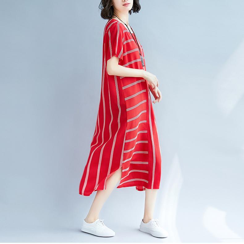 Elegant red striped long silk blended dresses plus size O neck baggy dresses traveling clothing Elegant short sleeve dresses - Omychic