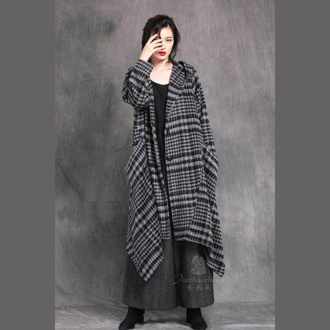 Elegant red woolen overcoat Loose fitting trench coat Plaid hooded woolen outwear - Omychic