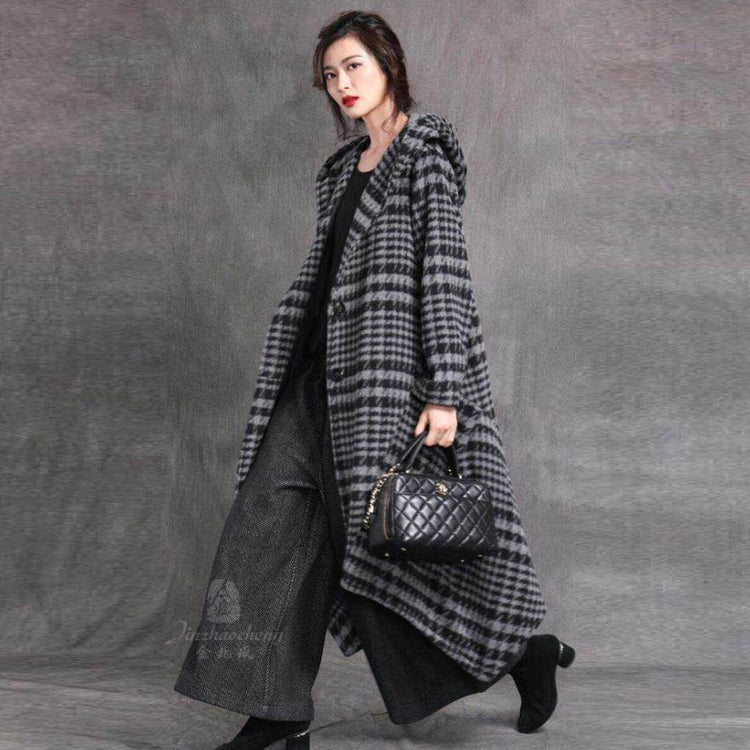 Elegant red woolen overcoat Loose fitting trench coat Plaid hooded woolen outwear - Omychic