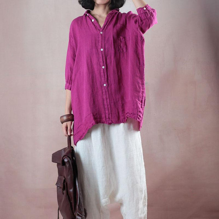 Elegant rose cotton linen blouse oversize cotton linen clothing blouses top quality half sleeve V neck cotton linen blouses - Omychic