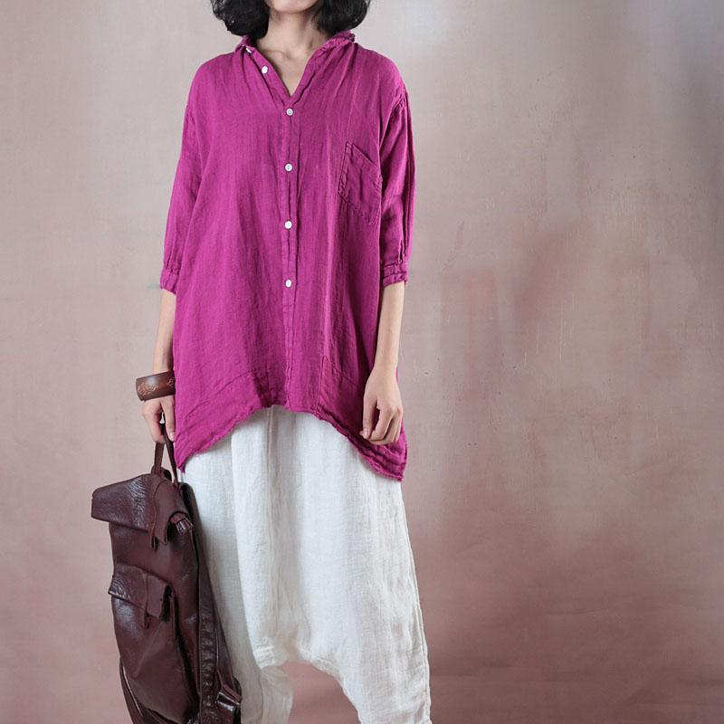 Elegant rose cotton linen blouse oversize cotton linen clothing blouses top quality half sleeve V neck cotton linen blouses - Omychic