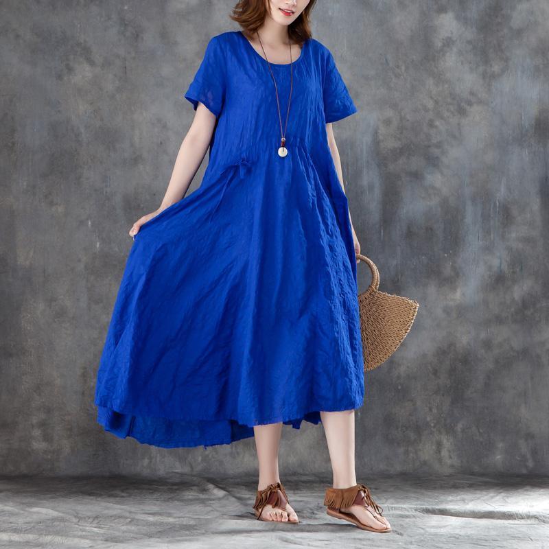 Elegant shift dresses trendy plus size Women Short Sleeve Drawstring Blue Dress - Omychic