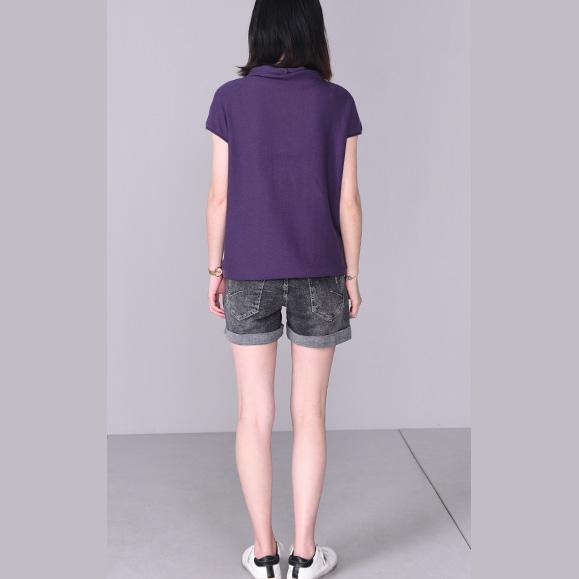 Elegant short sleeve cotton Blouse Fashion Ideas purple shirt v neck - Omychic