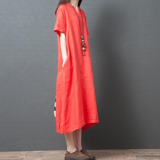 Elegant short sleeve linen Robes Neckline orange v neck Dress summer - Omychic