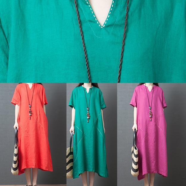 Elegant short sleeve linen Robes Neckline orange v neck Dress summer - Omychic